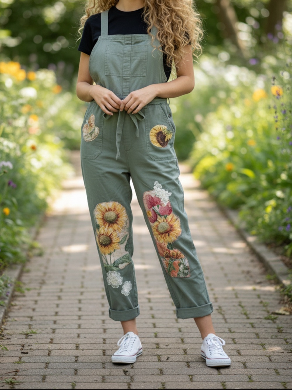 Celebrity Pink Olive Green Sunflower Print Cotton Jumpsuit